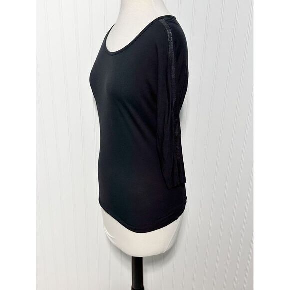 Vince Scoop Neck Long‎ Sleeve Tee Shirt Top Blouse Leather Detail Black Size XS - Picture 7 of 9
